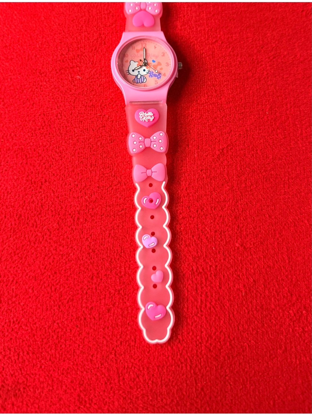 Pink Hello Kitty Style Kids Watch with Bow and Heart Accents